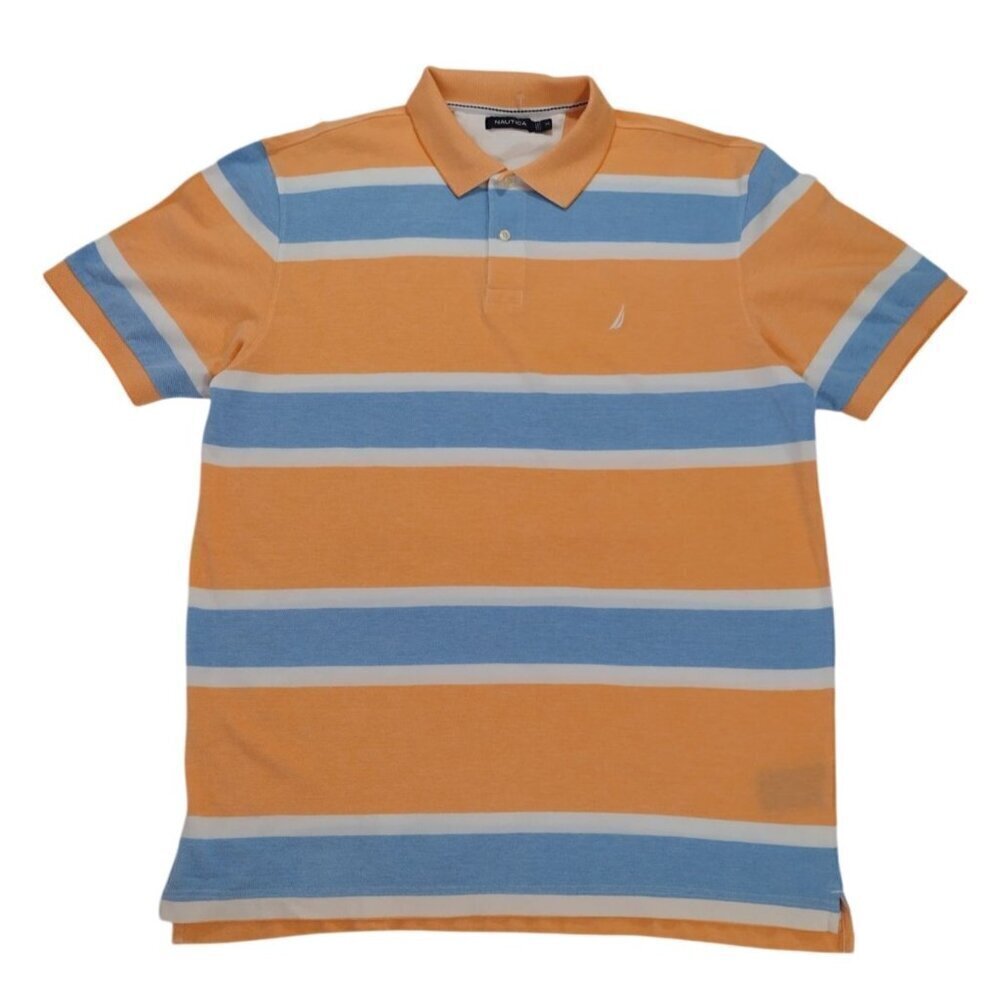 Nautica XL Mens Orange & Blue Striped 100% Cotton Polo Shirt, NWOT.